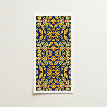 Vertically Oriented Framed Artwork Vibrant Symmetrical Pattern Golden Mesmerizing Thai Mosaic, Traditional Design, Kitschy Grandeur