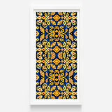 Vibrant Vertically Oriented Framed Artwork Symmetrical Pattern Golden Mesmerizing Thai Mosaic, Traditional Design, Kitschy Grandeur