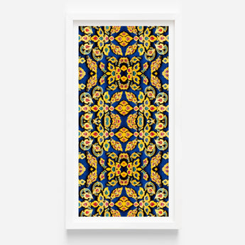 Vibrant Vertically Oriented Framed Artwork Symmetrical Pattern Golden Mesmerizing Thai Mosaic, Traditional Design, Kitschy Grandeur