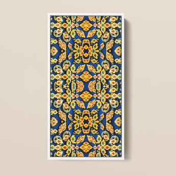Rectangular Framed Artwork Intricate Symmetrical Pattern Golden Floral Mesmerizing Thai Mosaic, Traditional Design, Kitschy Grandeur