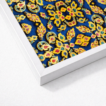 Vibrant Blue Canvas Intricate Raised Yellow Floral Patterns Mesmerizing Thai Mosaic, Traditional Design, Kitschy Grandeur