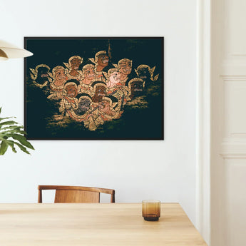 Babes in the Woods - Traditional Thai Myth Art Print / Canvas Framed Artwork Group Intricately Detailed Golden-hued Figures Expressive