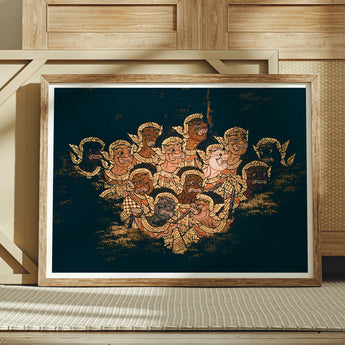 Babes in the Woods - Traditional Thai Myth Art Print / Canvas Framed Artwork Puppet Characters Rendered Golden Ramayana’s Enchanted Realm,