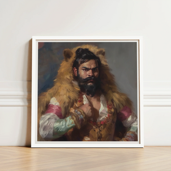 Framed Portrait Bearded Man Ornate Fur-lined Attire Intricate Rajasthani Muscle Machine, Indian Desi Gay, Baby Daddy