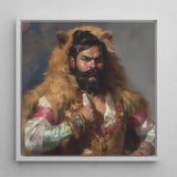 Baby Bear - Gay Desi Daddy Art Print / Canvas Framed Painting Bearded Man Golden Fur Cloak Red Rajasthani Muscle Machine, Indian, Prints