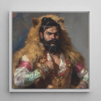 Baby Bear - Gay Desi Daddy Art Print / Canvas Framed Painting Bearded Man Golden Fur Cloak Red Rajasthani Muscle Machine, Indian, Prints