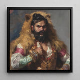 Baby Bear - Gay Desi Daddy Art Print / Canvas Framed Portrait Bearded Man Golden Fur Cloak Ornate Rajasthani Muscle Machine, Indian, Prints