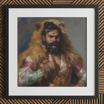 Baby Bear - Gay Desi Daddy Art Print / Canvas Framed Portrait Bearded Man Lion’s Mane Ornate Garments Rajasthani Muscle Machine, Indian,