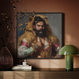 Baby Bear - Gay Desi Daddy Art Print / Canvas Framed Portrait Bearded Man Ornate Fur-lined Attire Intricate Rajasthani Muscle Machine,