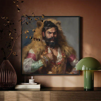 Baby Bear - Gay Desi Daddy Art Print / Canvas Framed Portrait Bearded Man Ornate Fur-lined Attire Intricate Rajasthani Muscle Machine,