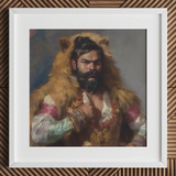 Baby Bear - Gay Desi Daddy Art Print / Canvas Gold Fur-trimmed Jacket Red White Accents Leather Rajasthani Muscle Machine, Indian Desi Gay,