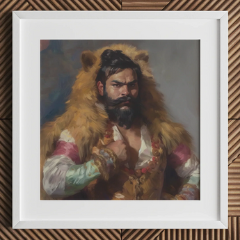 Baby Bear - Gay Desi Daddy Art Print / Canvas Gold Fur-trimmed Jacket Red White Accents Leather Rajasthani Muscle Machine, Indian Desi Gay,
