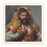 Baby Bear - Gay Desi Daddy Art Print / Canvas Rugged Bearded Man Dark Hair Tied Topknot Golden-brown Rajasthani Muscle Machine, Indian Desi