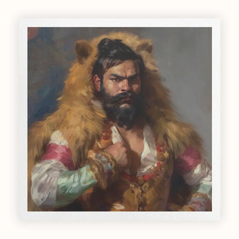 Baby Bear - Gay Desi Daddy Art Print / Canvas Rugged Bearded Man Dark Hair Tied Topknot Golden-brown Rajasthani Muscle Machine, Indian,