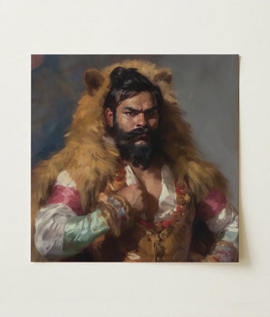 Square Canvas Painting Bearded Man Golden-brown Fur Cloak Rajasthani Muscle Machine, Indian Desi Gay, Baby Daddy