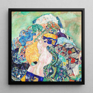 Baby - Gustav Klimt Art Nouveau Framed Canvas, 12x12’’ / 31x31cm / Black Floating Frame, Colorful Abstract Painting Figures Ornate Patterns