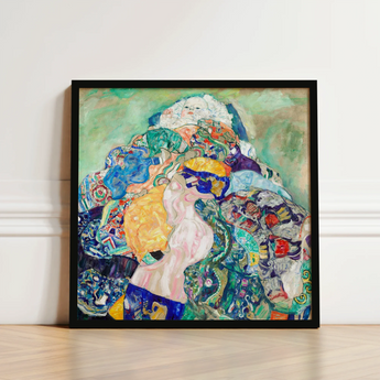 Vibrant Abstract Painting Sleek Black Frame Depicts Figures Gustav Klimt’s Baby, Epitomizes, Austrian Painter Blending