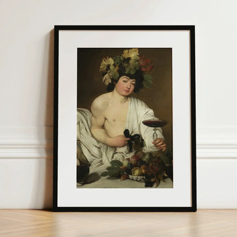 Bacchus - Caravaggio Art Print / Canvas Black-framed Classical Painting Figure Adorned Flowers Roman Studio Model, Companion Mario Minniti,