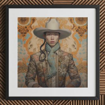 Baihu - Stampa d'arte di cowboy cinese gay / Tela, 12x12’’ / 31x31cm / Cornice nera / Passe-partout, Poster, stampe e opere d'arte visiva, Toby Leon