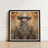 Framed Portrait Person Wide-brimmed Beige Hat Patterned Jacket Gay Chinese Cowboy, Art, Vintage
