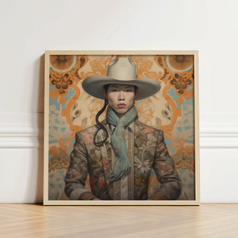 Framed Portrait Person Wide-brimmed Hat Floral-patterned Jacket Set Gay Chinese Cowboy, Art, Vintage