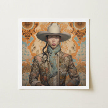Baihu - Gay Chinese Cowboy Art Print / Canvas Square-framed Artwork Person Wide-brimmed Beige Hat Floral-patterned Jacket, Vintage Prints