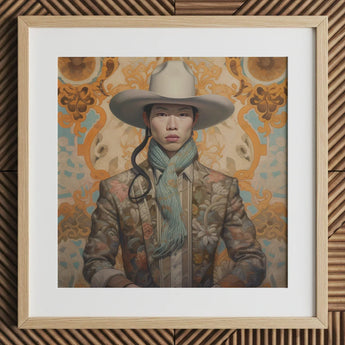 Baihu - Gay Chinese Cowboy Art Print / Canvas Beige Floral Jacket Wide-brimmed Hat Scarf, Vintage Prints