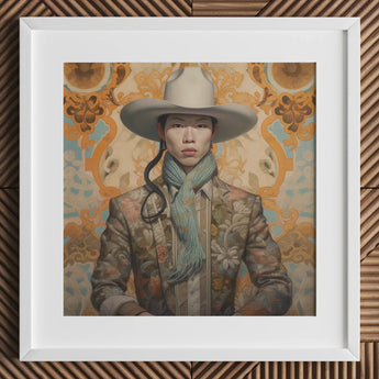 Baihu - Gay Chinese Cowboy Art Print / Canvas Beige Floral Jacket Wide-brimmed Hat Scarf, Vintage Prints
