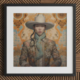 Baihu - Gay Chinese Cowboy Art Print / Canvas Beige Hat Blue Tassel Floral Patterned Jacket, Vintage Prints