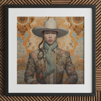 Baihu - Gay Chinese Cowboy Art Print / Canvas Beige Hat Blue Tassel Floral Patterned Jacket, Vintage Prints