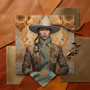 Baihu - Gay Chinese Cowboy Art Print / Canvas Detailed Portrait Painting Person Wide-brimmed White Hat Patterned Gay Chinese Cowboy, Cowboy