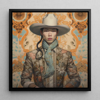 Baihu - Gay Chinese Cowboy Art Print / Canvas Framed Portrait Person Wide-brimmed Beige Hat Ornate Floral-patterned, Vintage Prints