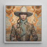 Baihu - Gay Chinese Cowboy Art Print / Canvas Framed Portrait Person Wide-brimmed Beige Hat Patterned Jacket, Vintage Prints