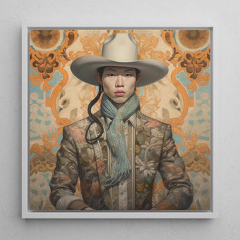 Baihu - Gay Chinese Cowboy Art Print / Canvas Framed Portrait Person Wide-brimmed Beige Hat Patterned Jacket, Vintage Prints