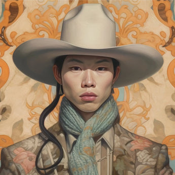Baihu - Gay Chinese Cowboy Art Print / Canvas Wide-brimmed Beige Hat Floral Patterned Black Leather, Vintage Prints