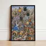 Framed Mughal-style Painting Dynamic Battle Scene Vibrant Colors Harivamsa Art Print, Balarama Wields Pestle, Krishna Fighting Celestial