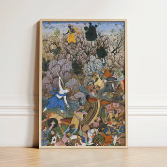 Framed Mughal-style Painting Vibrant Battle Scene Intricate Rich Harivamsa Art Print, Balarama Wields Pestle, Krishna Fighting Celestial