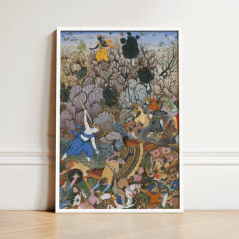 Framed Mughal-style Painting Vibrant Battle Scene Intricate Rich Harivamsa Art Print, Balarama Wields Pestle, Krishna Fighting Celestial
