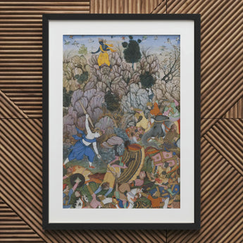 Balarama & Krishna Fighting the Enemy - Harivamsa Art Print / Canvas Black Framed Artwork Colorful Detailed Illustration People Forest,
