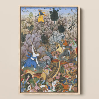 Balarama & Krishna Fighting the Enemy - Harivamsa Art Print / Canvas Framed Mughal-style Painting Vibrant Battle Scene Figures Colorful,