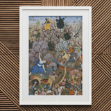 Balarama & Krishna Fighting the Enemy - Harivamsa Art Print / Canvas White Framed Artwork Colorful Figures Intricate, Wields Pestle,