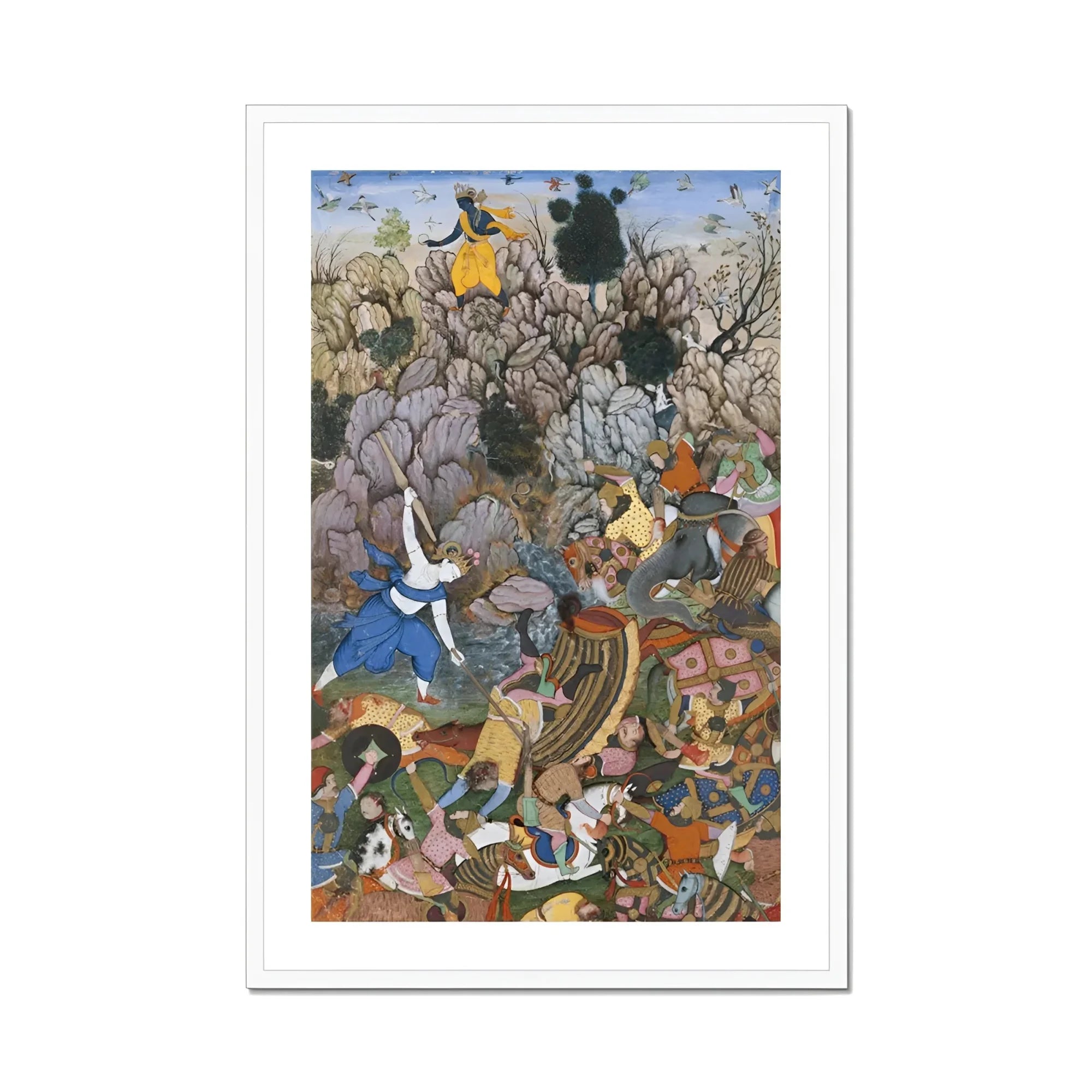 Balarama & Krishna Fighting the Enemy - Harivamsa Art Print, Framed Mughal-style Painting