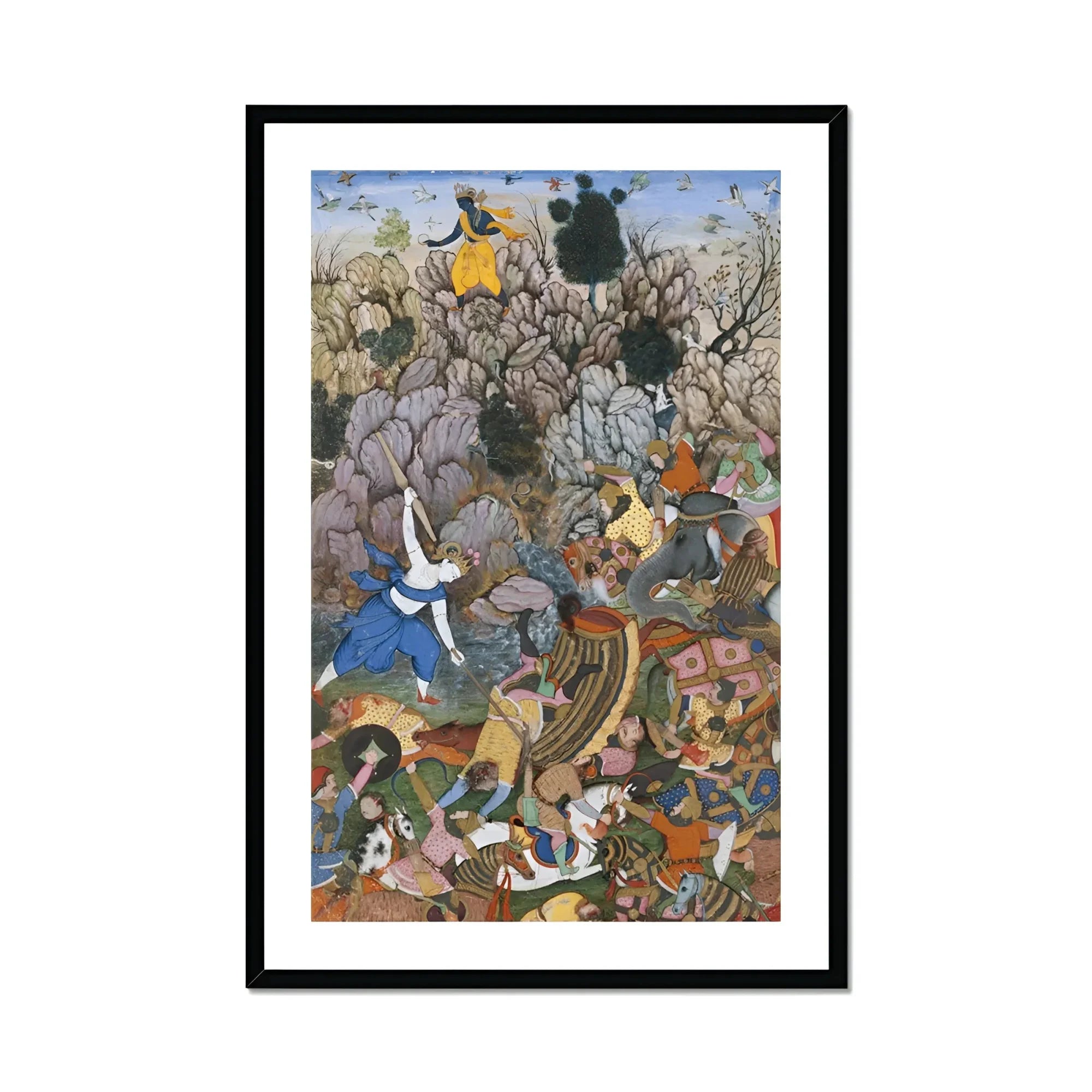 Balarama & Krishna Fighting the Enemy - Harivamsa Art Print, Framed Mughal-style Painting