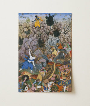 Vibrant Intricately Detailed Mughal-style Battle Scene Print Canvas Harivamsa Art, Balarama Wields Pestle, Krishna Fighting Celestial Yellow