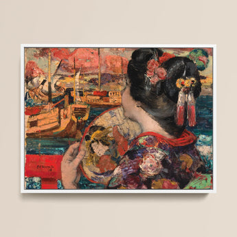 The Balcony - Edward Atkinson Hornel Art Print / Canvas Framed Oil Painting Woman Traditional Japanese Attire Dark Silken Nape Aglow,