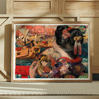 The Balcony - Edward Atkinson Hornel Art Print / Canvas Framed Painting Geisha Silken Nape Aglow, Lacquered Hair Pinned, Painted Clouds