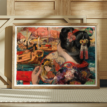 The Balcony - Edward Atkinson Hornel Art Print / Canvas Framed Painting Geisha Silken Nape Aglow, Lacquered Hair Pinned, Painted Clouds
