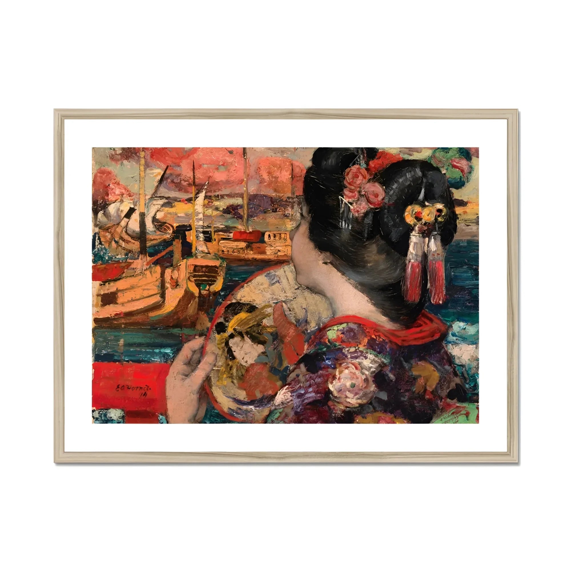 The Balcony - Edward Atkinson Hornel Art Print, Framed Painting Woman Kimono Fan
