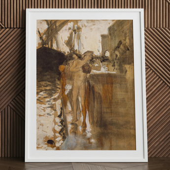 The Balcony Spain and Two Nude Bathers Standing on a Wharf - John Singer Sargent Art Print / Canvas, 24x32’’ / 61x81cm / White Frame