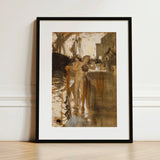 The Balcony Spain and Two Nude Bathers Standing on a Wharf - John Singer Sargent Art Print / Canvas Black-framed Sepia-toned Impressionist